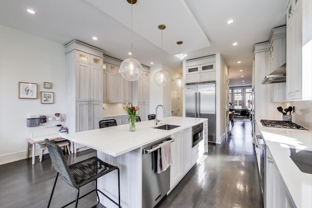 kitchen featuring a sink, built in appliances, a kitchen island with sink, and dark wood-style floors
