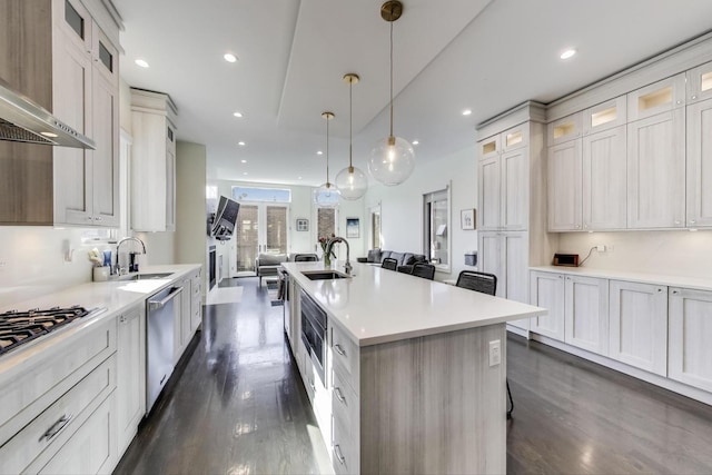 kitchen with a sink, dark wood-style floors, open floor plan, and stainless steel appliances
