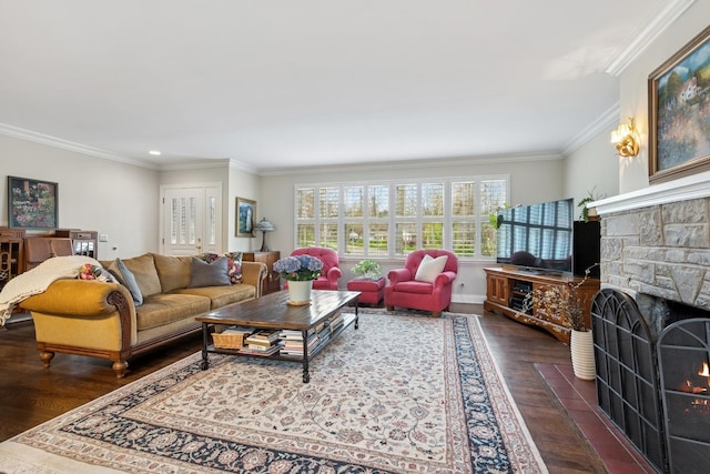 214 E Woodland Rd E, Lake Bluff, IL 60044 - living area featuring crown molding, recessed lighting, dark wood-style flooring, and a fireplace