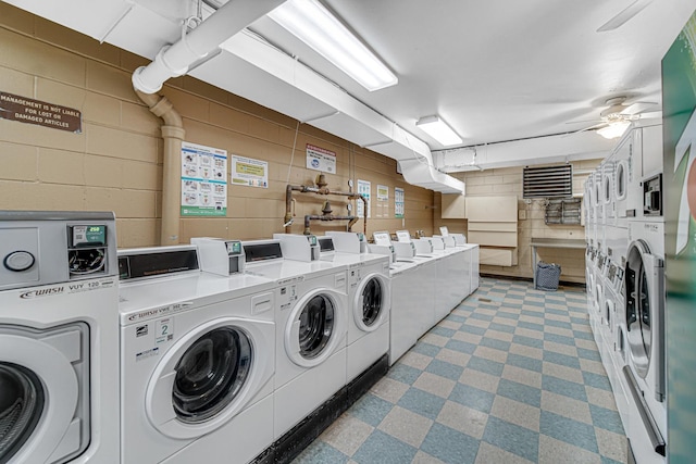 2901 S Michigan Ave Unit 1702, Chicago, IL 60616 - common laundry area featuring independent washer and dryer, concrete block wall, ceiling fan, and stacked washing maching and dryer