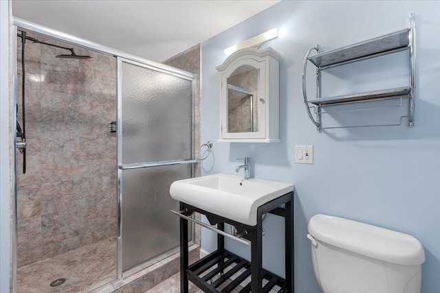 bathroom with a stall shower and toilet
