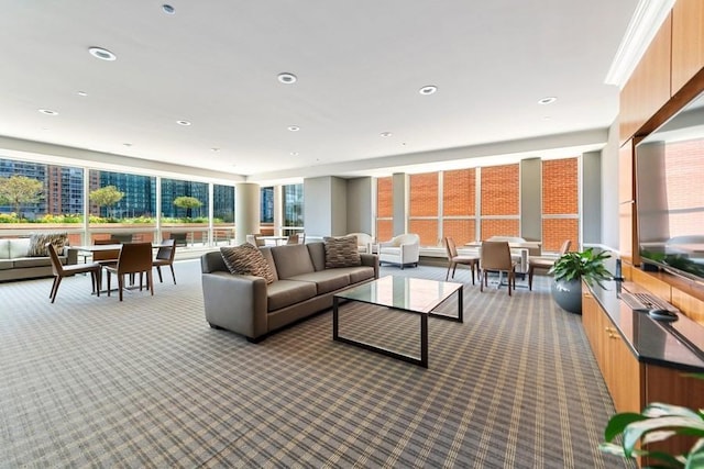 living room featuring carpet floors and recessed lighting