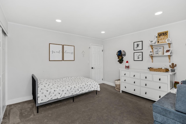 bedroom with crown molding, recessed lighting, baseboards, and dark colored carpet