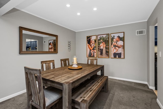 dining area with recessed lighting, baseboards, dark colored carpet, and visible vents