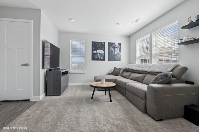 living room featuring baseboards, a wealth of natural light, and wood finished floors