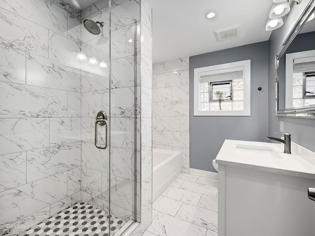 full bath featuring visible vents, a shower stall, marble finish floor, and vanity