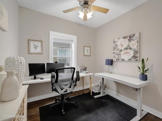 office area featuring baseboards, ceiling fan, and dark wood finished floors