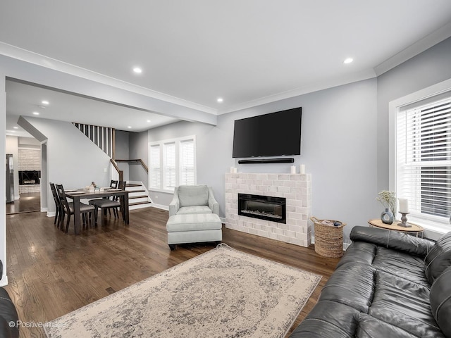 living room with stairway, ornamental molding, a fireplace, and dark wood-type flooring