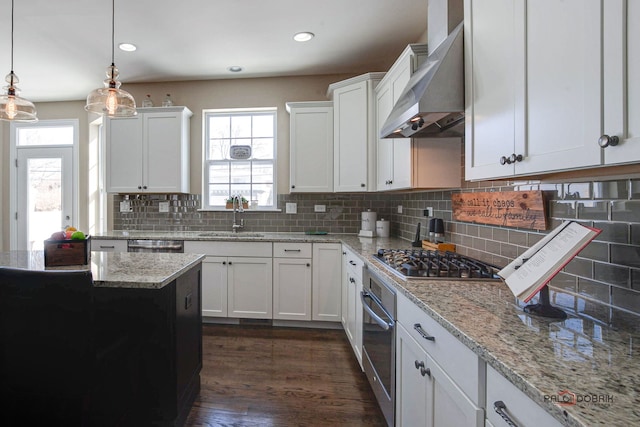 dining space with recessed lighting, baseboards, dark wood-style floors, and stairs
