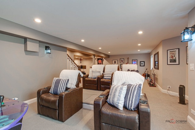 rec room featuring baseboards, recessed lighting, visible vents, and light carpet