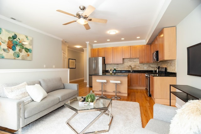 4830 N Albany Ave Unit 1N, Chicago, IL 60625 - living area featuring ceiling fan, recessed lighting, light wood-type flooring, visible vents, and ornamental molding