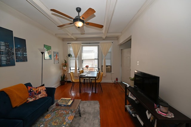 925 E 61st St Unit 3, Chicago, IL 60637 - living area with ceiling fan, wood finished floors, beamed ceiling, coffered ceiling, and baseboards
