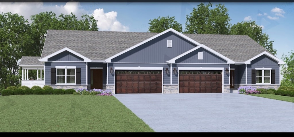 view of front of house with concrete driveway, a shingled roof, stone siding, and a garage