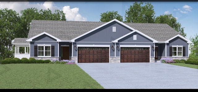view of front of house with concrete driveway, a shingled roof, stone siding, and a garage