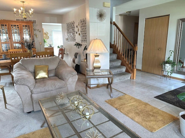 tiled living area featuring a notable chandelier and stairway