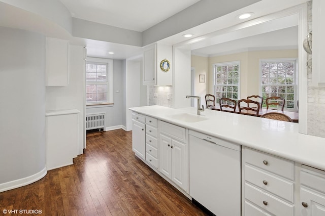kitchen with tasteful backsplash, dishwasher, light countertops, a sink, and radiator heating unit