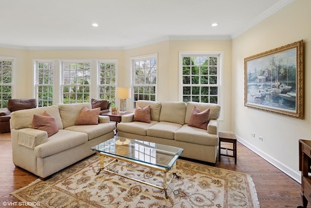 living area featuring crown molding, baseboards, recessed lighting, and wood finished floors