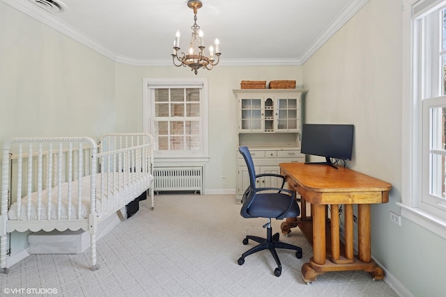 carpeted bedroom featuring crown molding, baseboards, radiator heating unit, and a notable chandelier