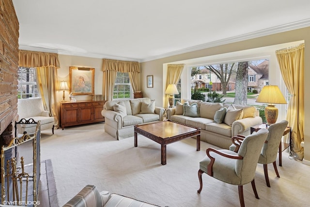 living area featuring light colored carpet and ornamental molding