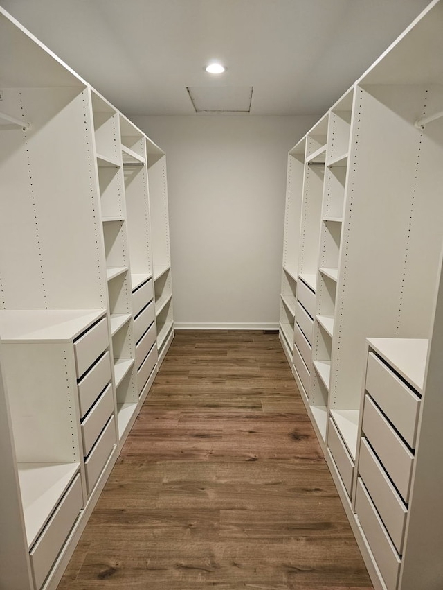 walk in closet with dark wood-type flooring
