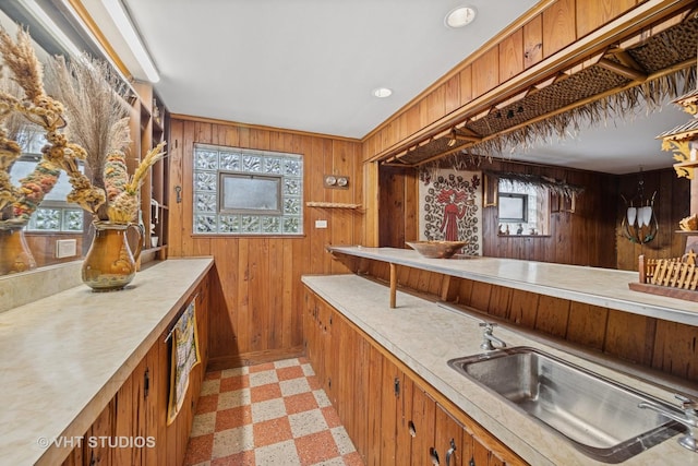 bar featuring light floors, wood walls, a sink, and baseboards