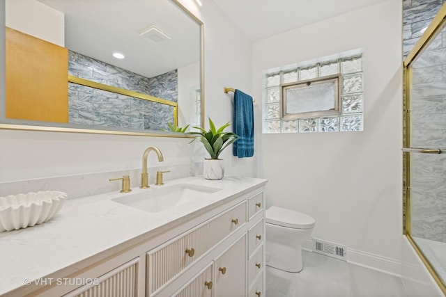 bathroom with vanity, toilet, tile patterned floors, an enclosed shower, and visible vents