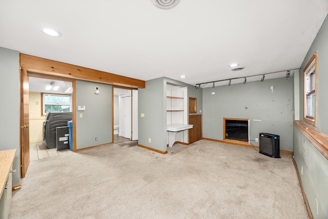 28W521 Donald Ave, West Chicago, IL 60185 - unfurnished living room featuring light carpet, recessed lighting, and a fireplace