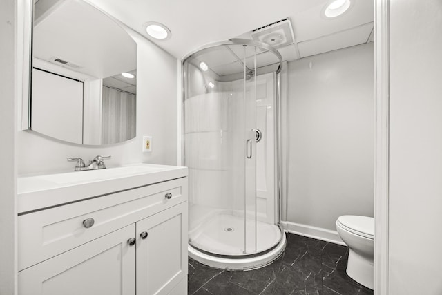 28W521 Donald Ave, West Chicago, IL 60185 - bathroom featuring a shower stall, marble finish floors, vanity, and recessed lighting
