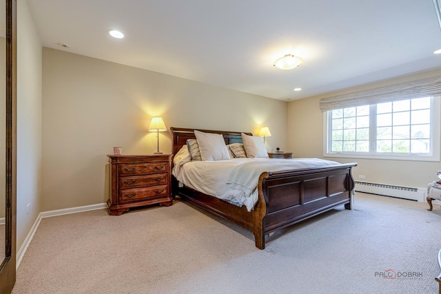 bedroom featuring a baseboard heating unit, light carpet, recessed lighting, and baseboards