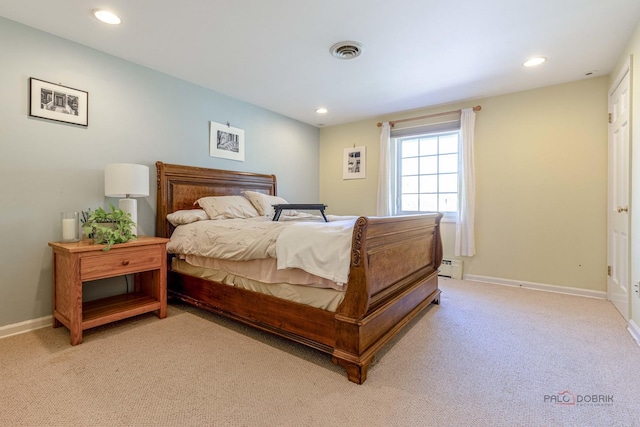 bedroom featuring light colored carpet, a baseboard radiator, recessed lighting, and baseboards