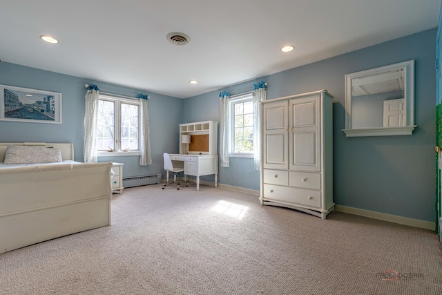 carpeted bedroom with baseboard heating, multiple windows, recessed lighting, and baseboards
