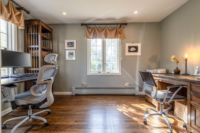 home office featuring baseboard heating, plenty of natural light, wood finished floors, and recessed lighting
