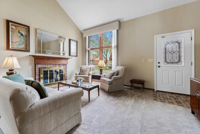 3038 Ashton Ct, Westchester, IL 60154 - living area featuring carpet, high vaulted ceiling, and a fireplace