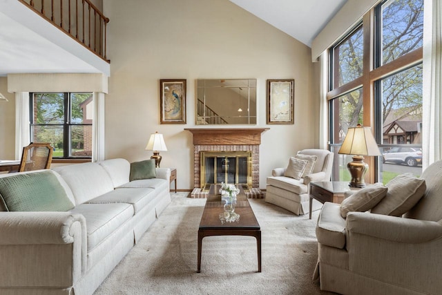 3038 Ashton Ct, Westchester, IL 60154 - living area with high vaulted ceiling, baseboards, carpet, and a fireplace
