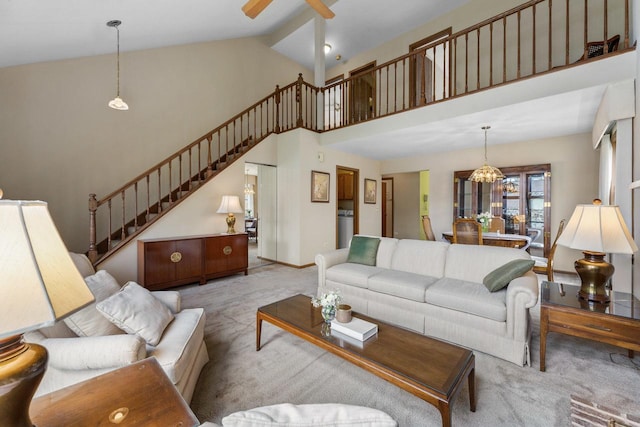 3038 Ashton Ct, Westchester, IL 60154 - living area featuring high vaulted ceiling, carpet, a ceiling fan, and stairs