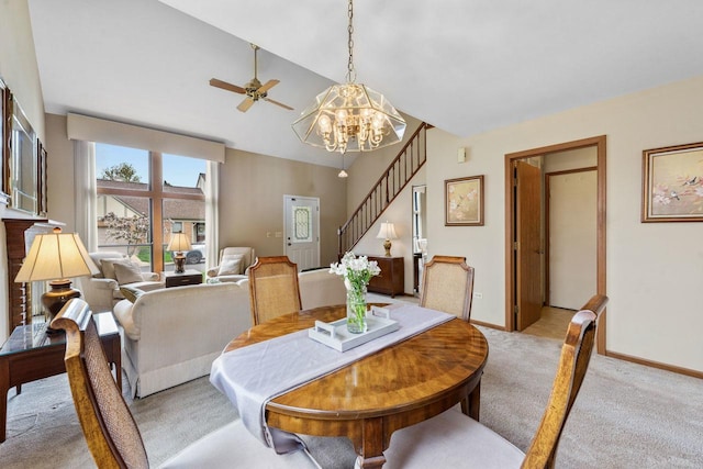 3038 Ashton Ct, Westchester, IL 60154 - dining area with stairs, lofted ceiling, baseboards, light colored carpet, and ceiling fan with notable chandelier