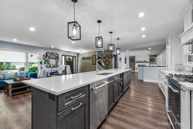 6561 Dunham Rd, Downers Grove, IL 60515 - kitchen with stainless steel appliances, open floor plan, a sink, light countertops, and recessed lighting