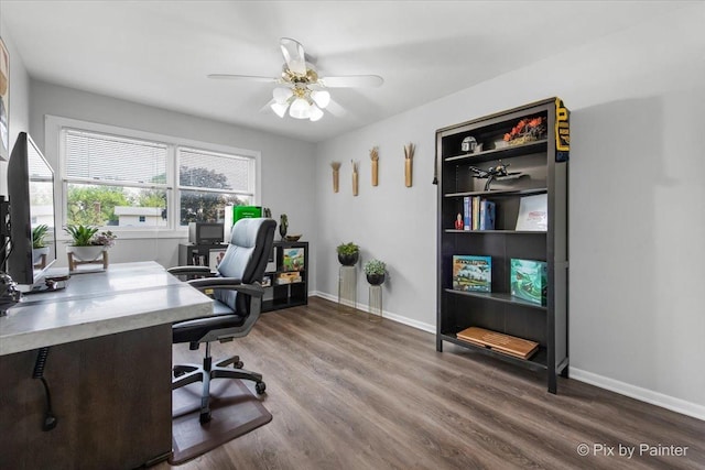 6561 Dunham Rd, Downers Grove, IL 60515 - office area featuring ceiling fan, wood finished floors, and baseboards