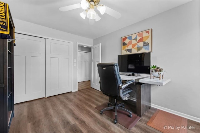 6561 Dunham Rd, Downers Grove, IL 60515 - office area featuring ceiling fan, baseboards, and wood finished floors