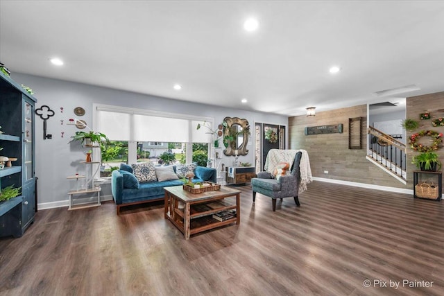 6561 Dunham Rd, Downers Grove, IL 60515 - living room featuring recessed lighting, stairway, wood finished floors, and baseboards