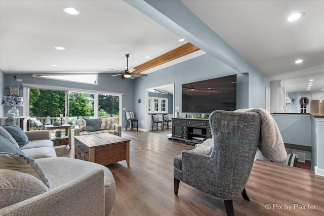 6561 Dunham Rd, Downers Grove, IL 60515 - living room with wood finished floors, ceiling fan, recessed lighting, baseboards, and beamed ceiling