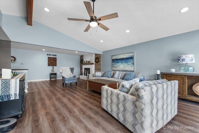 6561 Dunham Rd, Downers Grove, IL 60515 - living area with a fireplace, a ceiling fan, recessed lighting, beamed ceiling, and high vaulted ceiling