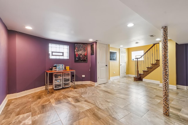 entryway featuring stairs, recessed lighting, baseboards, and visible vents