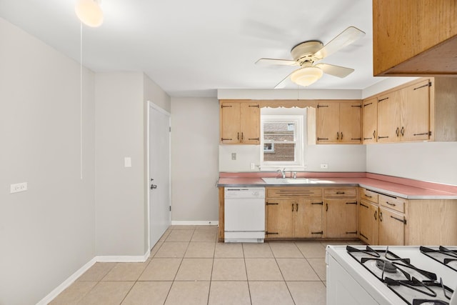 kitchen with a ceiling fan, a sink, light countertops, white appliances, and light tile patterned flooring