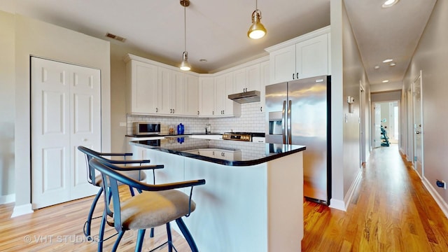 kitchen with appliances with stainless steel finishes, light wood-style floors, under cabinet range hood, a sink, and recessed lighting
