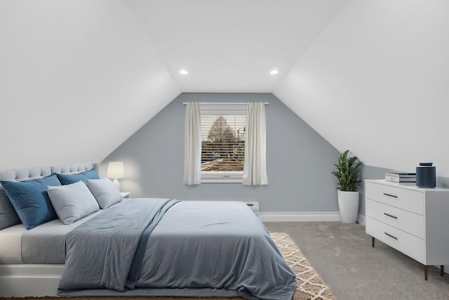 bedroom featuring baseboards, vaulted ceiling, recessed lighting, and light colored carpet