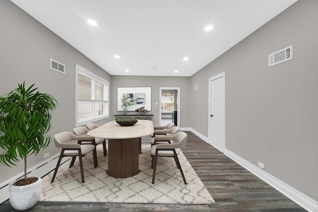dining room with visible vents, recessed lighting, dark wood finished floors, and baseboards