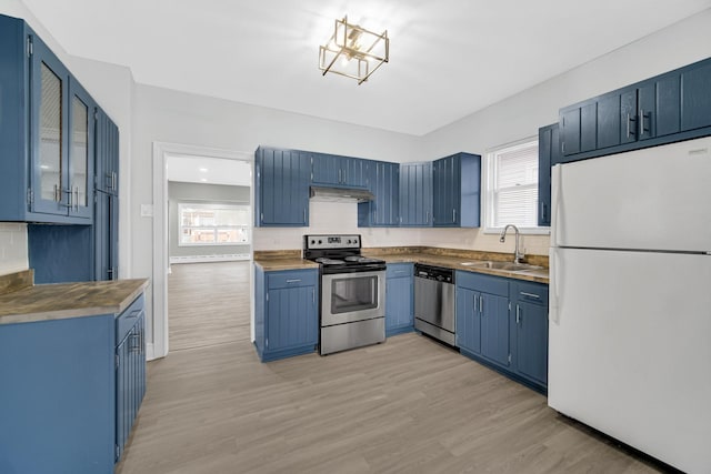 kitchen featuring blue cabinetry, a sink, under cabinet range hood, stainless steel appliances, and light wood-style flooring