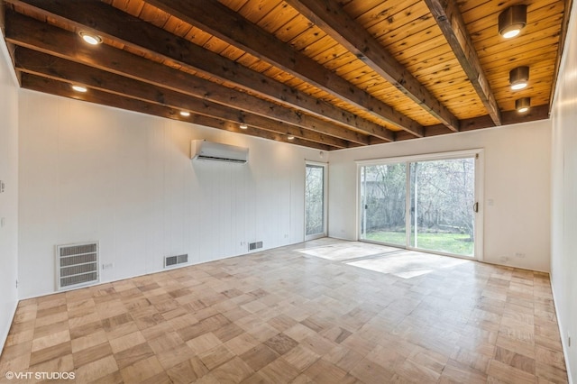 unfurnished room with visible vents, wood ceiling, and beamed ceiling
