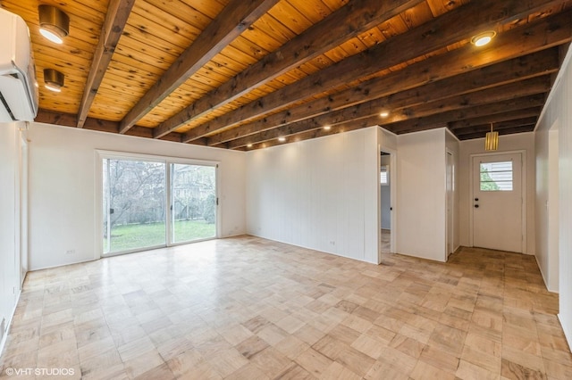 unfurnished room with light floors, a wall mounted AC, wooden ceiling, and beamed ceiling